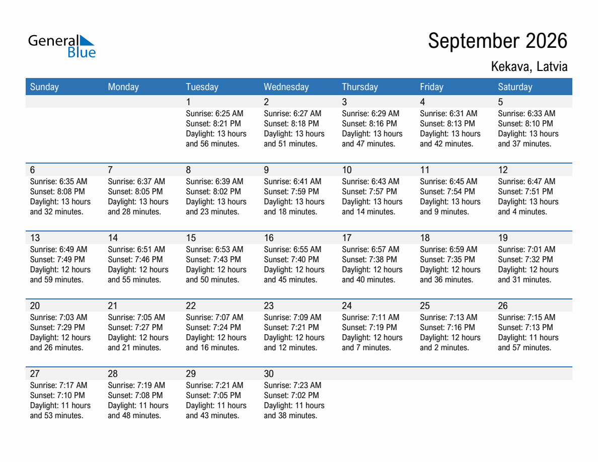 September 2026 sunrise and sunset calendar for Kekava