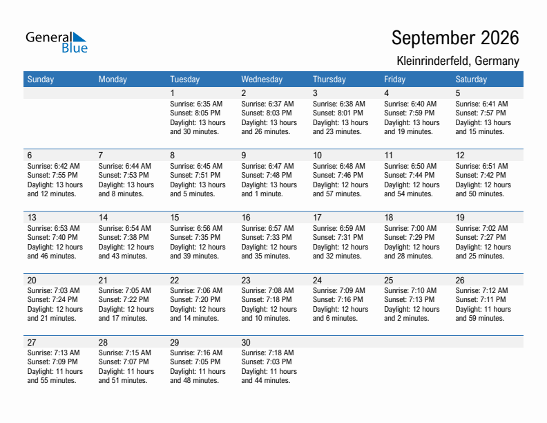 Kleinrinderfeld September 2026 sunrise and sunset calendar in PDF, Excel, and Word