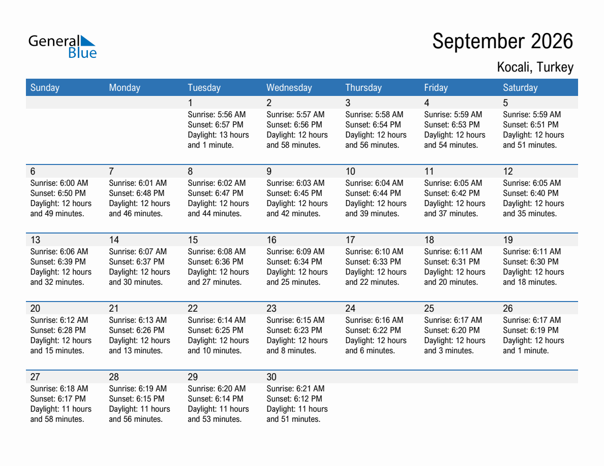 September 2026 sunrise and sunset calendar for Kocali