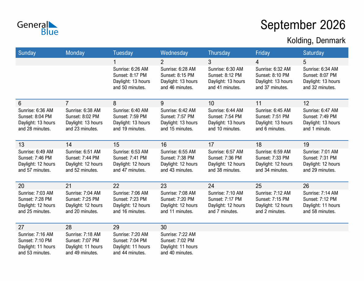 September 2026 sunrise and sunset calendar for Kolding