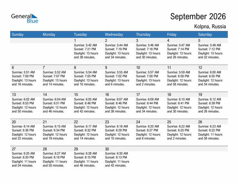 Kolpna September 2026 sunrise and sunset calendar in PDF, Excel, and Word