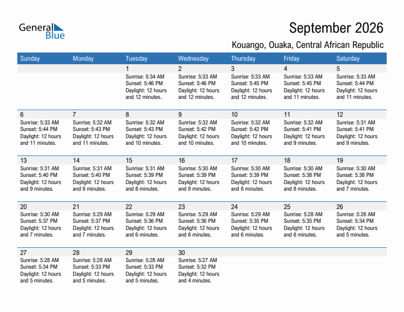 Kouango September 2026 sunrise and sunset calendar in PDF, Excel, and Word