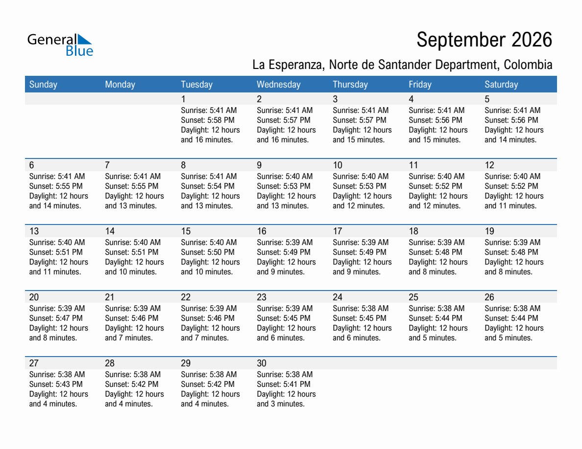 September 2026 sunrise and sunset calendar for La Esperanza