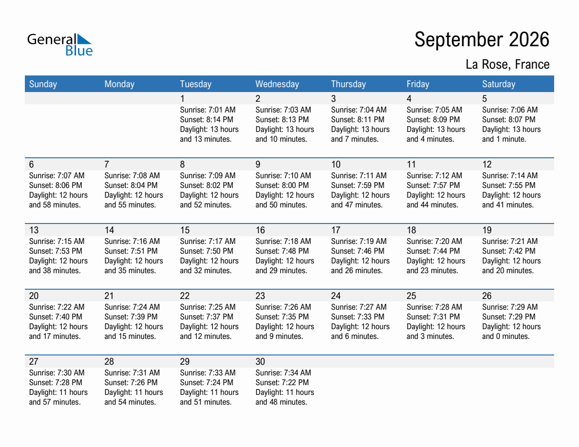 September 2026 sunrise and sunset calendar for La Rose