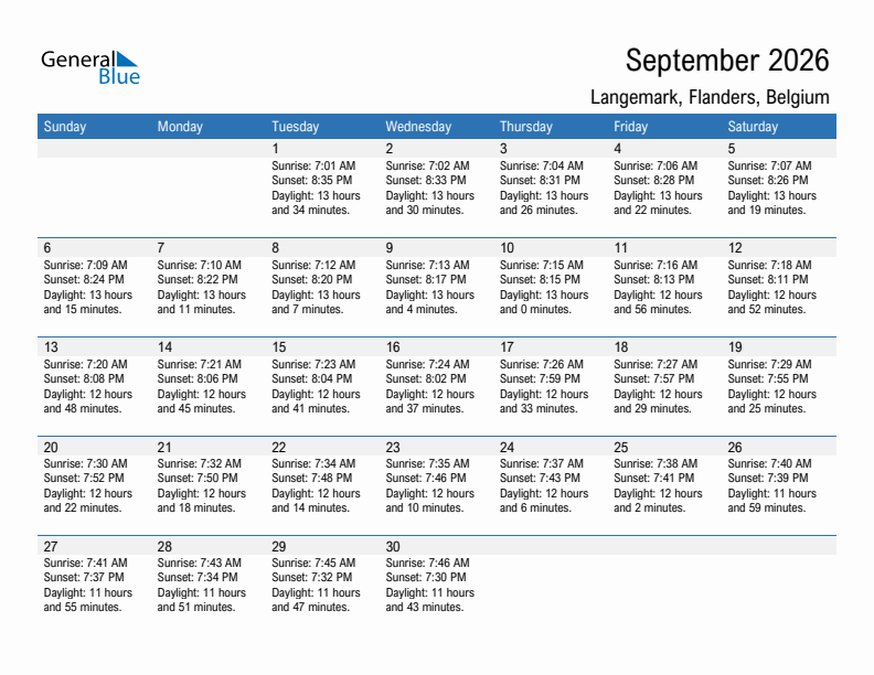 Langemark September 2026 sunrise and sunset calendar in PDF, Excel, and Word