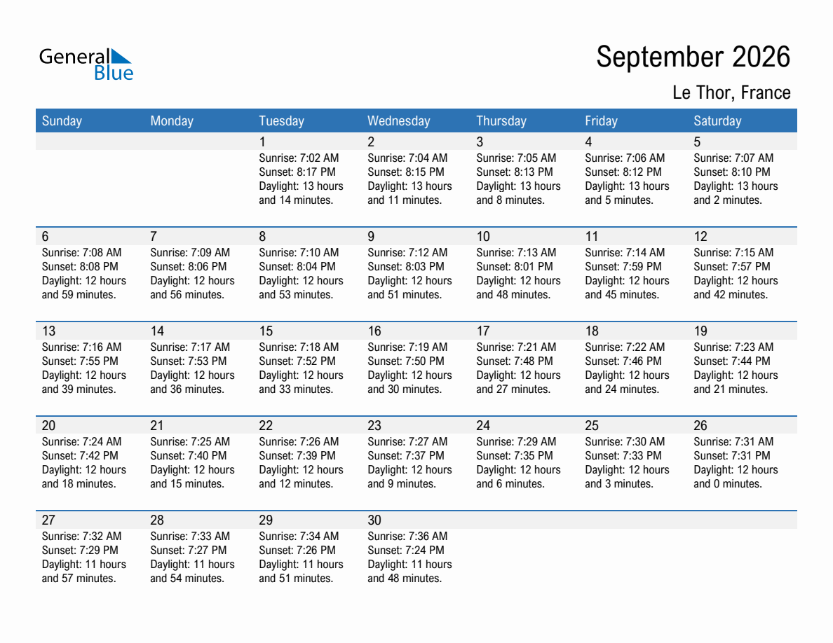 September 2026 sunrise and sunset calendar for Le Thor