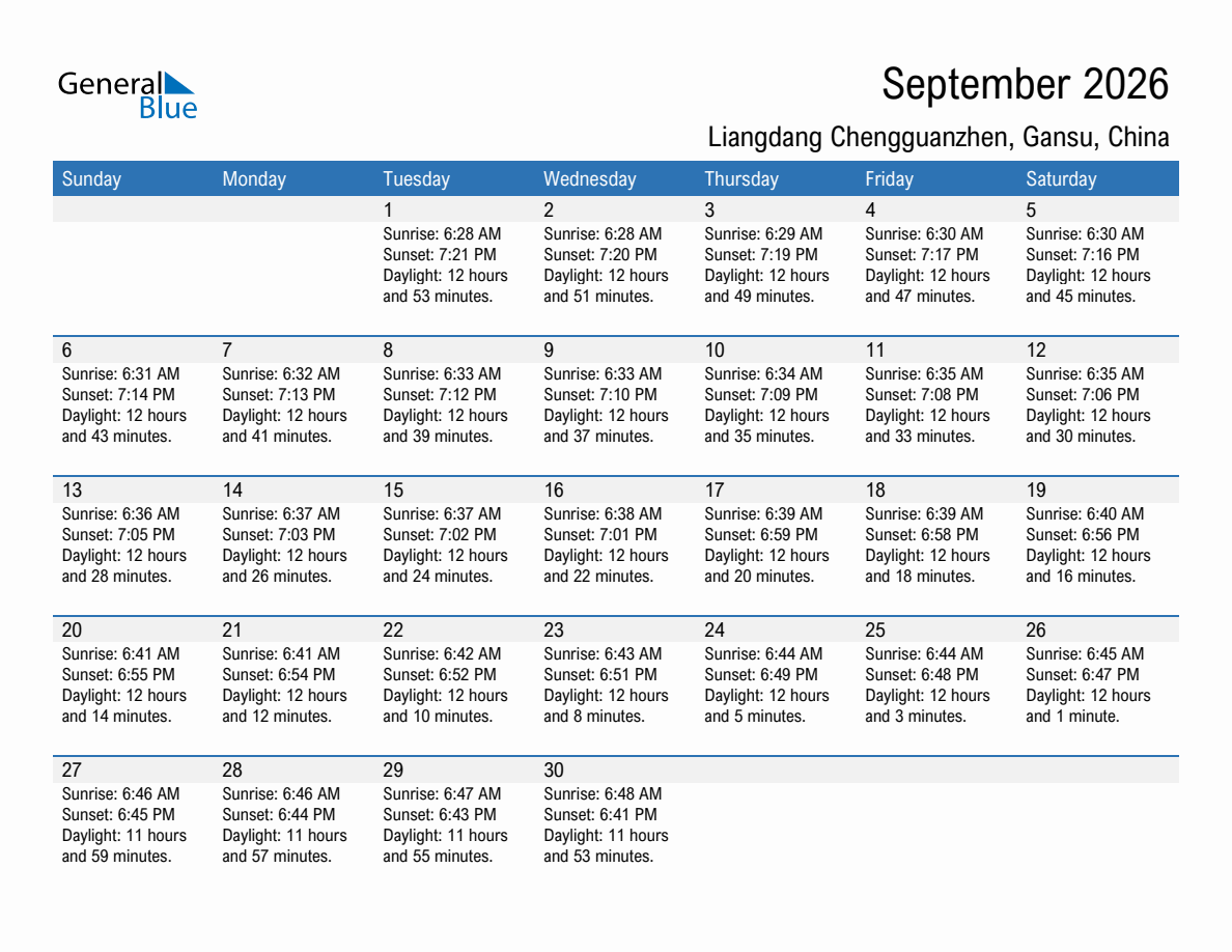 September 2026 sunrise and sunset calendar for Liangdang Chengguanzhen