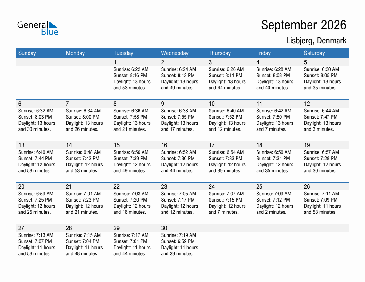 September 2026 sunrise and sunset calendar for Lisbjerg