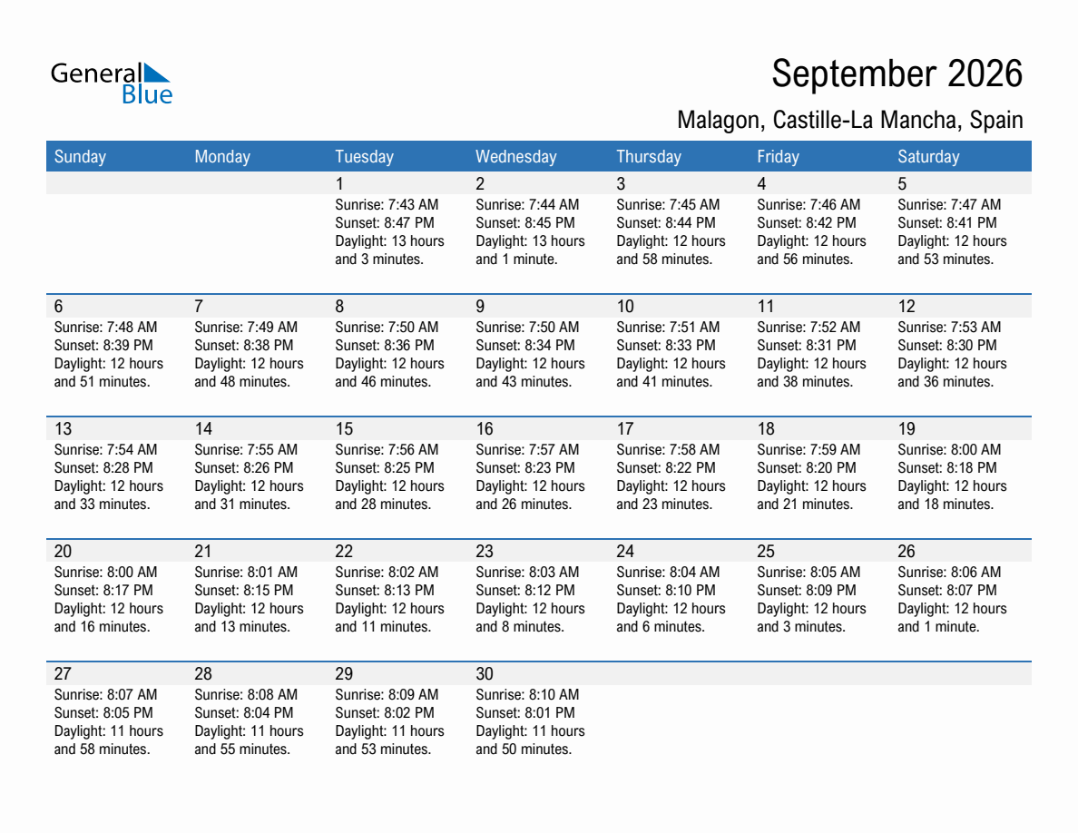 September 2026 sunrise and sunset calendar for Malagon