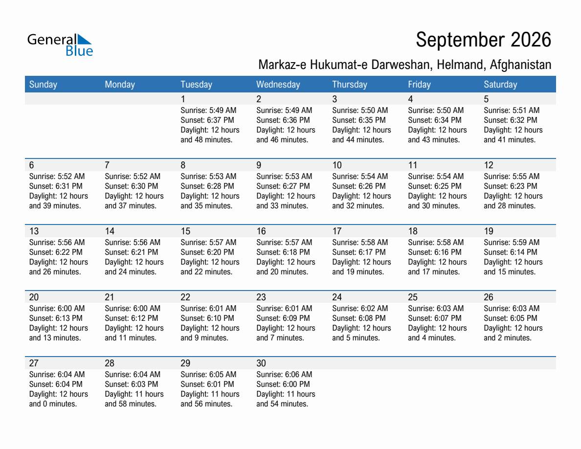 September 2026 sunrise and sunset calendar for Markaz-e Hukumat-e Darweshan