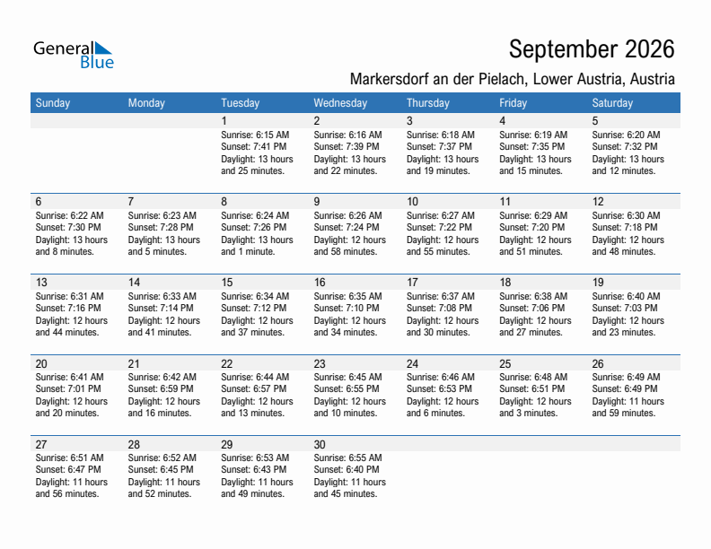 Markersdorf an der Pielach September 2026 sunrise and sunset calendar in PDF, Excel, and Word