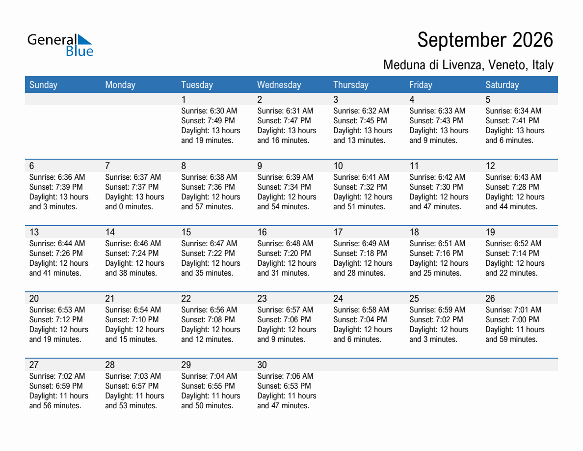 September 2026 sunrise and sunset calendar for Meduna di Livenza