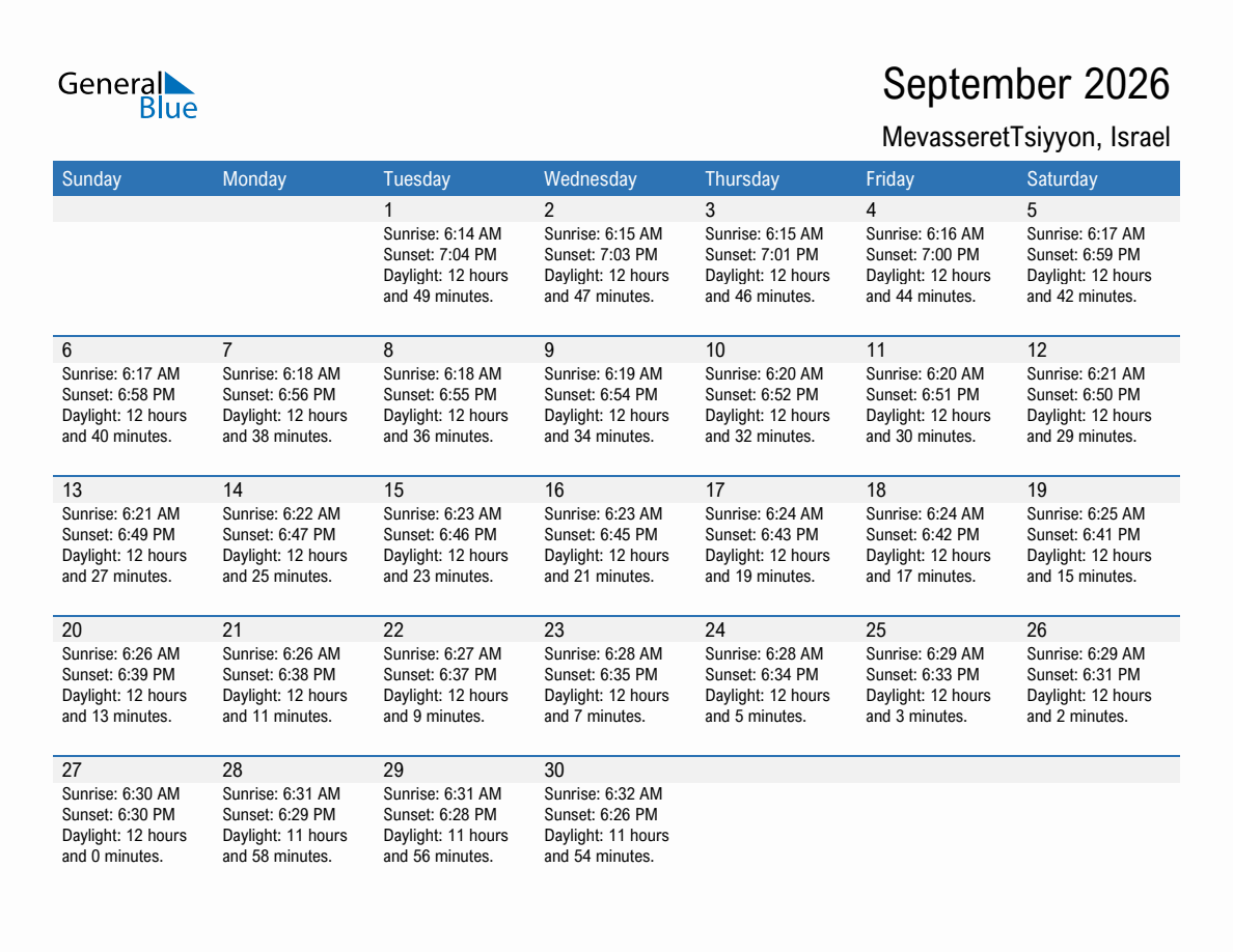 September 2026 sunrise and sunset calendar for MevasseretTsiyyon