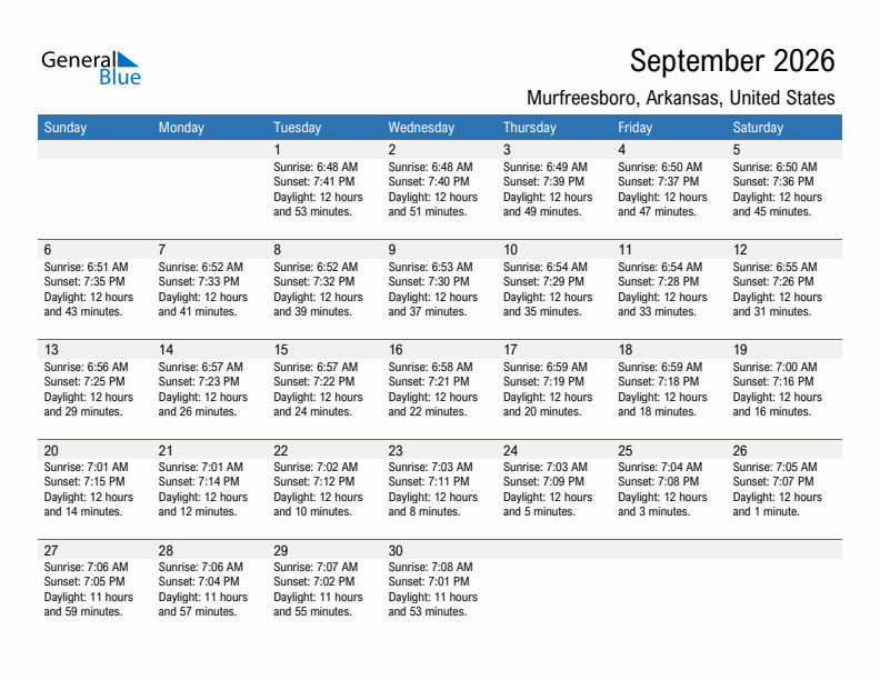 Murfreesboro September 2026 sunrise and sunset calendar in PDF, Excel, and Word