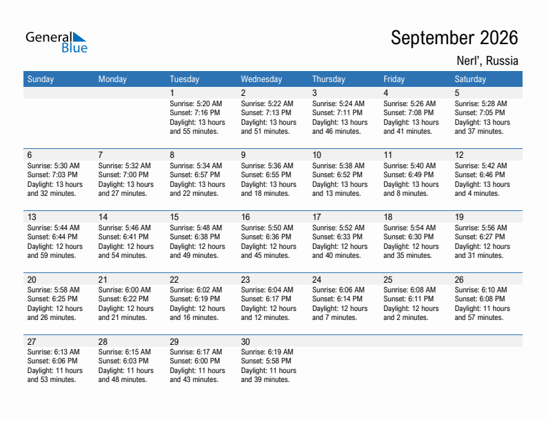 Nerl' September 2026 sunrise and sunset calendar in PDF, Excel, and Word