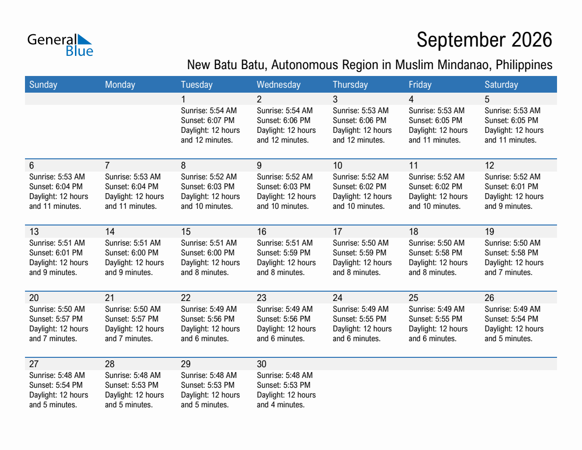 September 2026 sunrise and sunset calendar for New Batu Batu