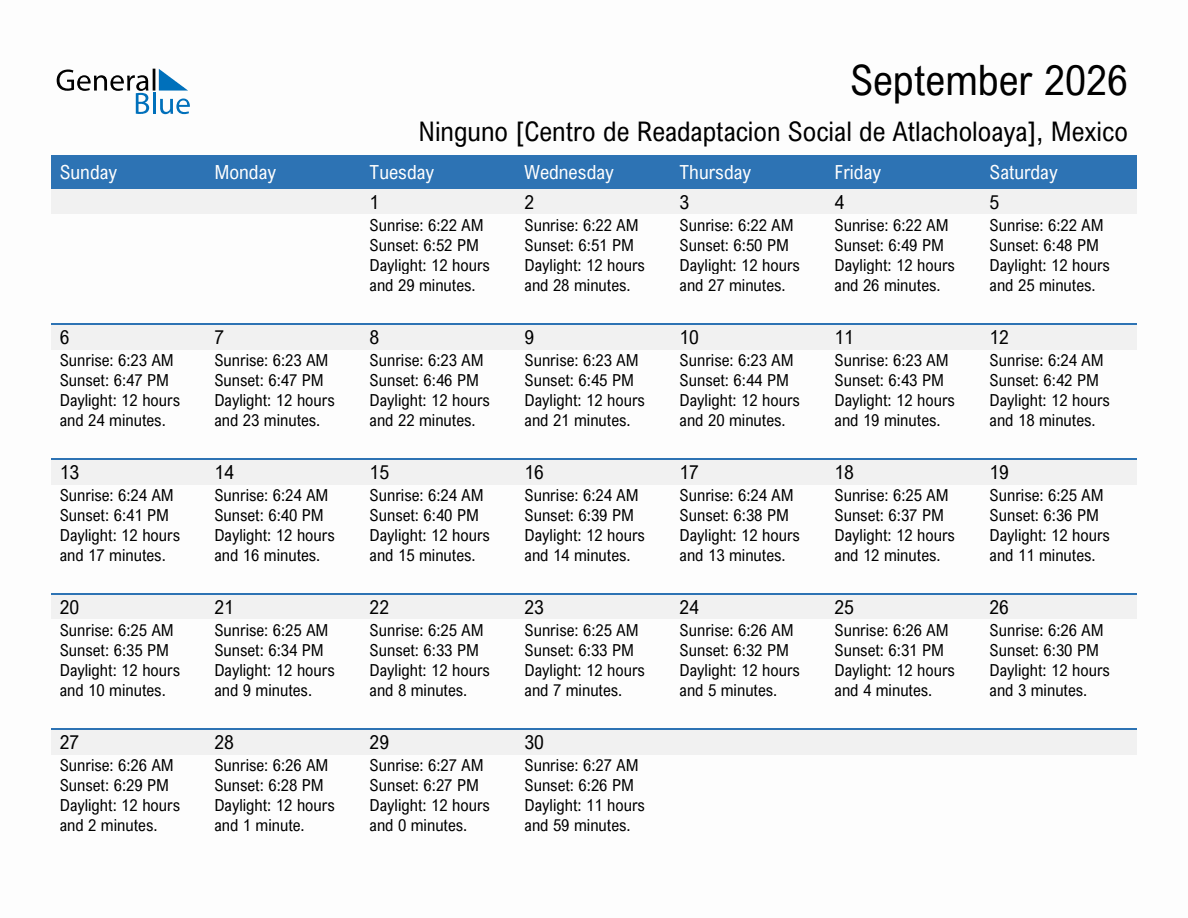 September 2026 sunrise and sunset calendar for Ninguno [Centro de Readaptacion Social de Atlacholoaya]