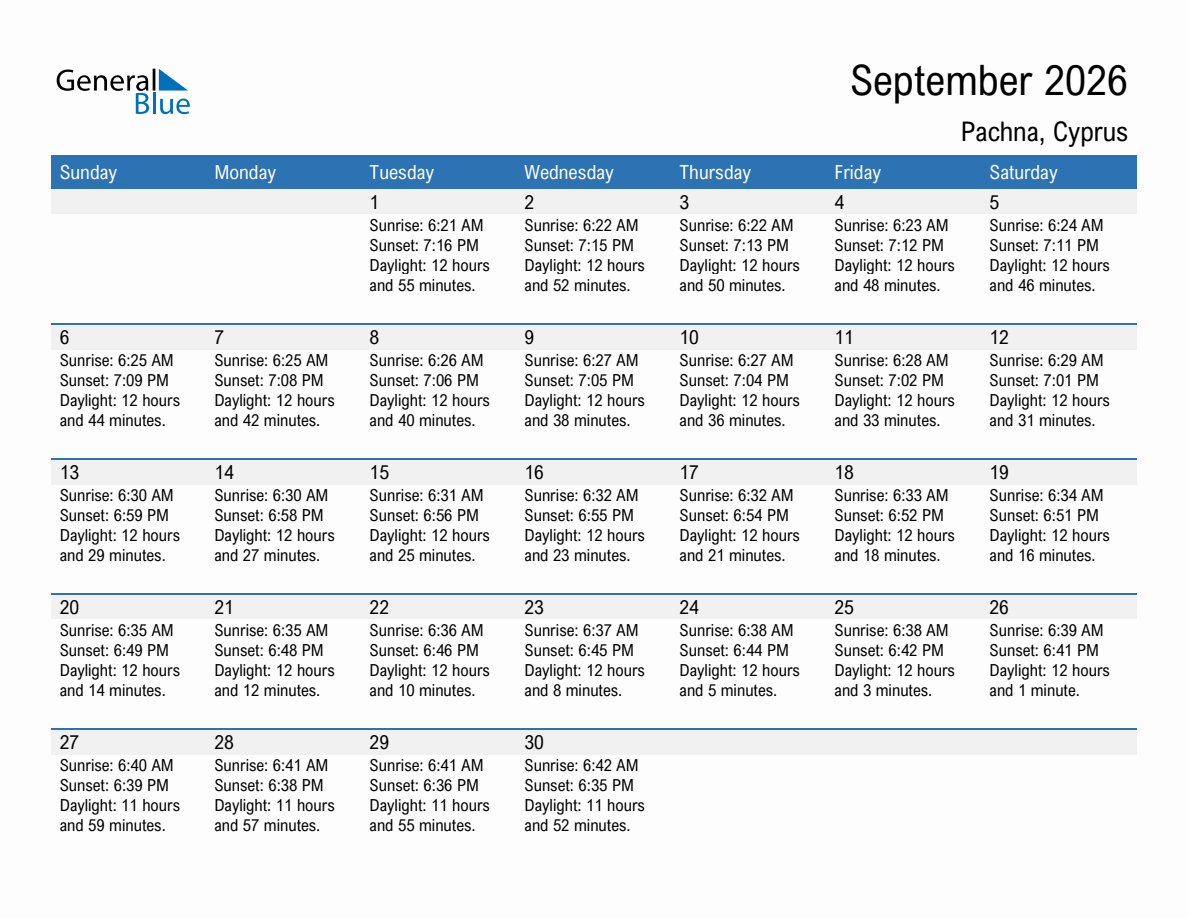 September 2026 sunrise and sunset calendar for Pachna