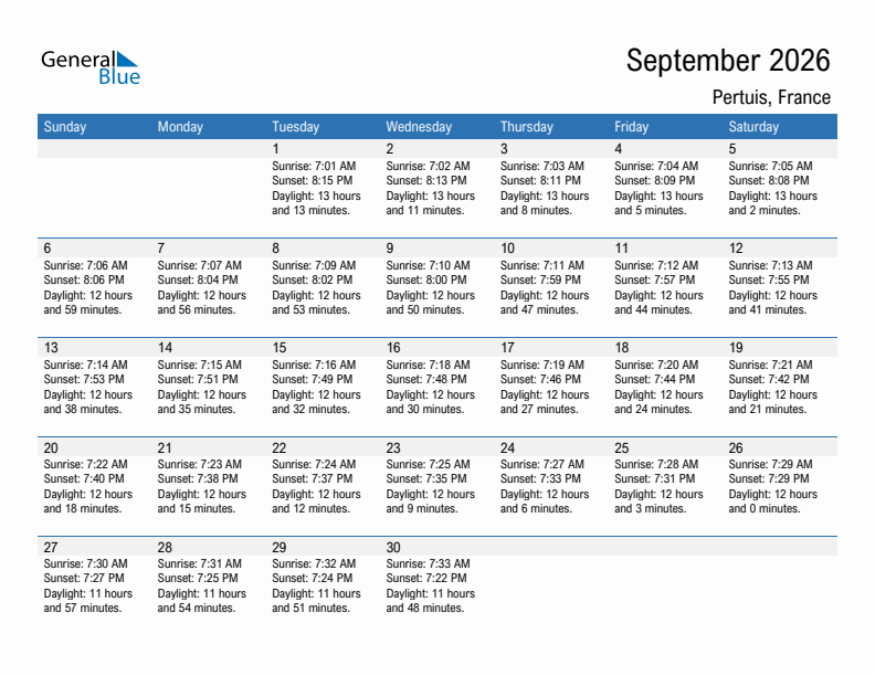 Pertuis September 2026 sunrise and sunset calendar in PDF, Excel, and Word