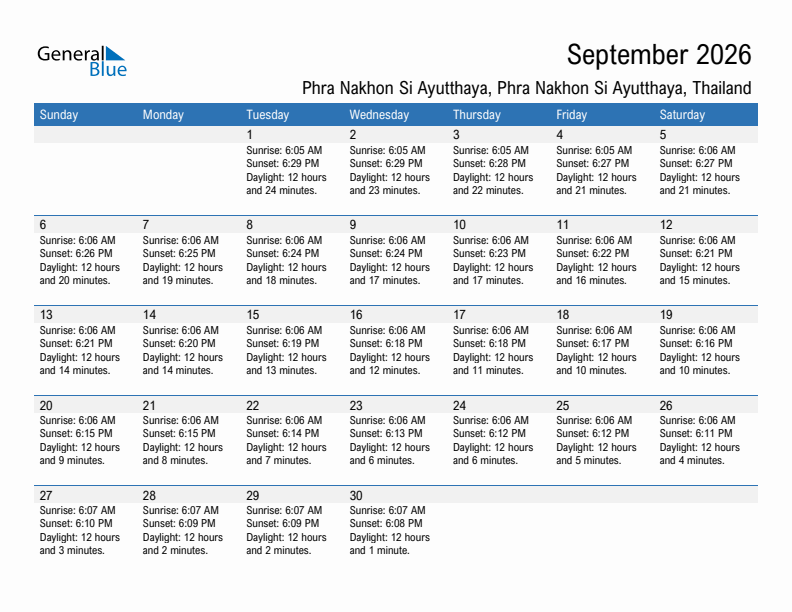 Phra Nakhon Si Ayutthaya September 2026 sunrise and sunset calendar in PDF, Excel, and Word