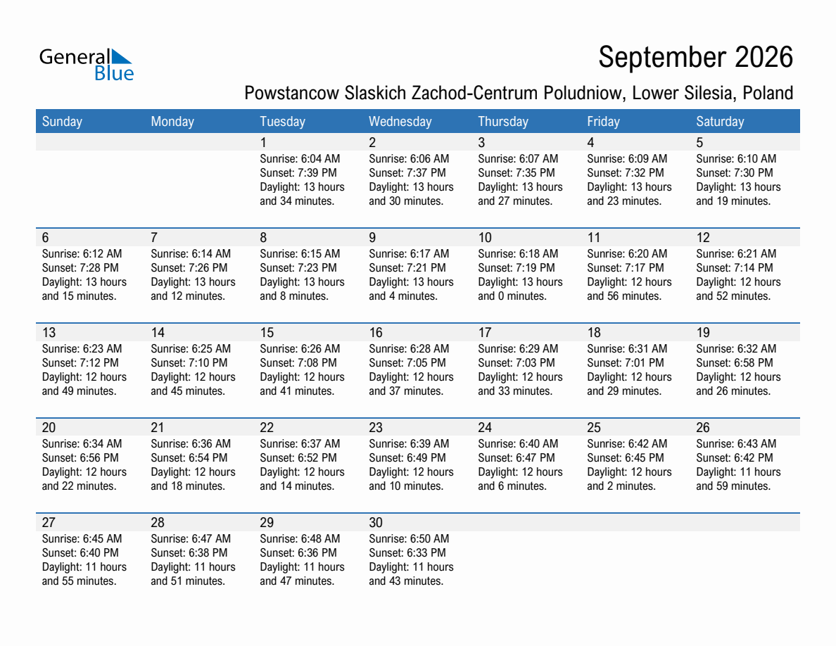 September 2026 sunrise and sunset calendar for Powstancow Slaskich Zachod-Centrum Poludniow
