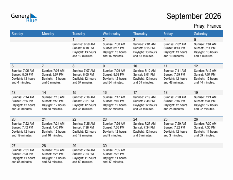 Priay September 2026 sunrise and sunset calendar in PDF, Excel, and Word