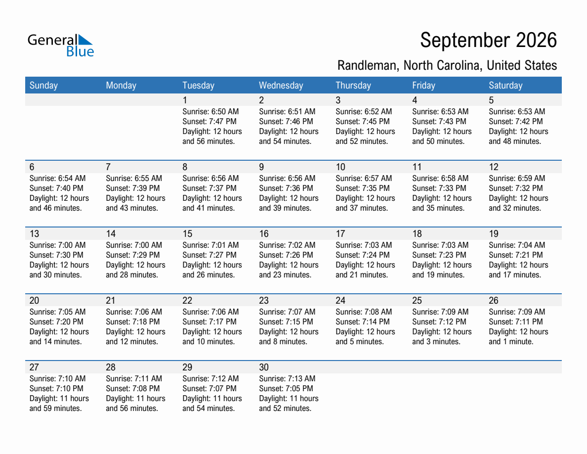 September 2026 sunrise and sunset calendar for Randleman