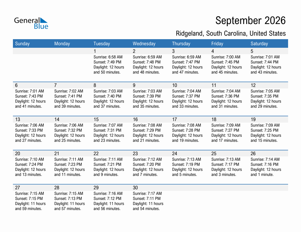 September 2026 sunrise and sunset calendar for Ridgeland