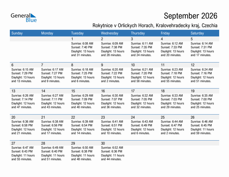 Rokytnice v Orlickych Horach September 2026 sunrise and sunset calendar in PDF, Excel, and Word