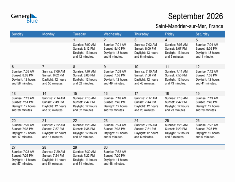 Saint-Mandrier-sur-Mer September 2026 sunrise and sunset calendar in PDF, Excel, and Word