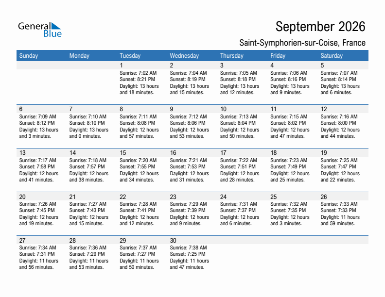 Saint-Symphorien-sur-Coise September 2026 sunrise and sunset calendar in PDF, Excel, and Word