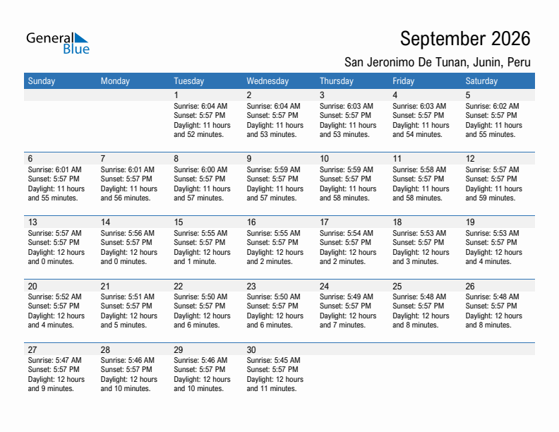 San Jeronimo De Tunan September 2026 sunrise and sunset calendar in PDF, Excel, and Word