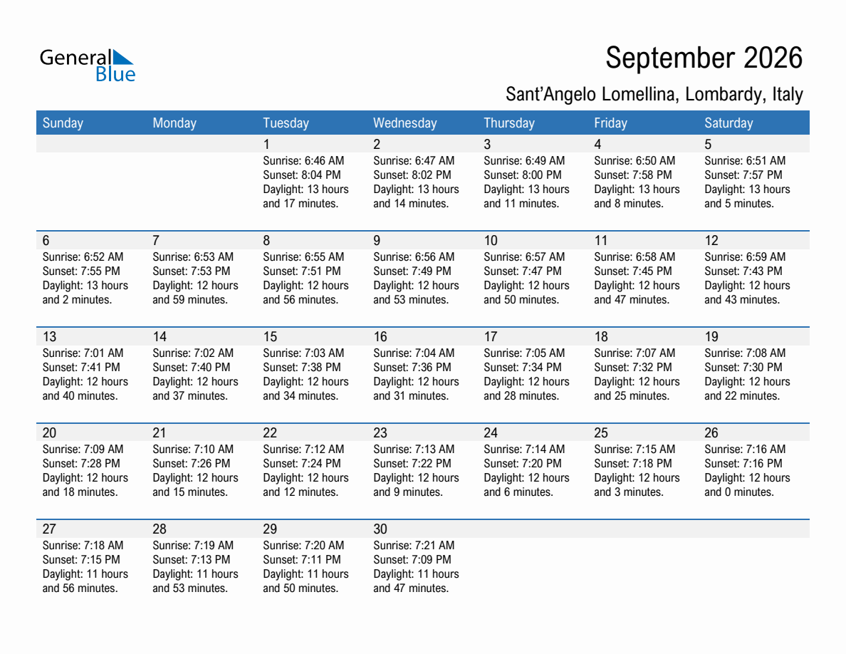 September 2026 sunrise and sunset calendar for Sant'Angelo Lomellina