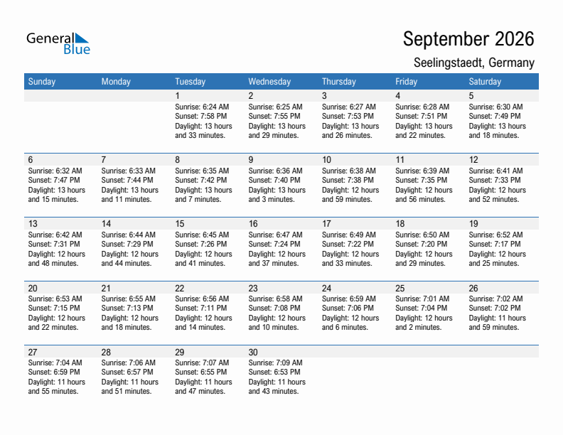 Seelingstaedt September 2026 sunrise and sunset calendar in PDF, Excel, and Word