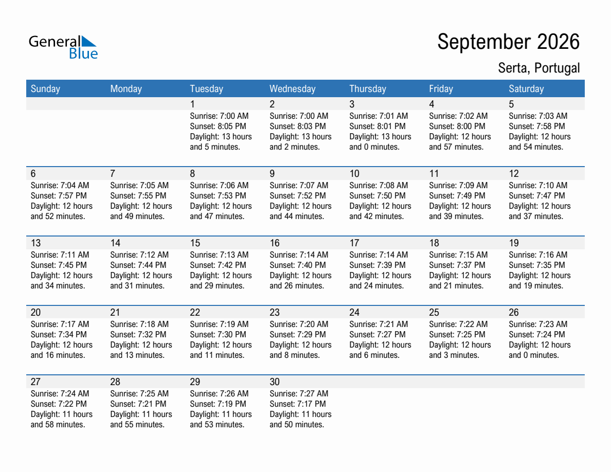 September 2026 sunrise and sunset calendar for Serta