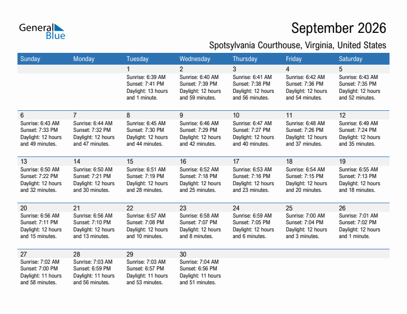 Spotsylvania Courthouse September 2026 sunrise and sunset calendar in PDF, Excel, and Word