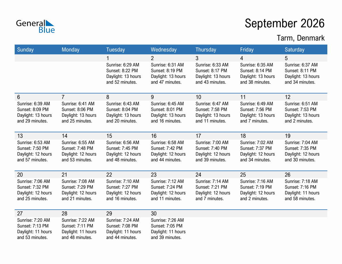 September 2026 sunrise and sunset calendar for Tarm
