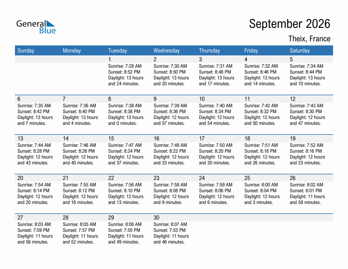 September 2026 sunrise and sunset calendar for Theix