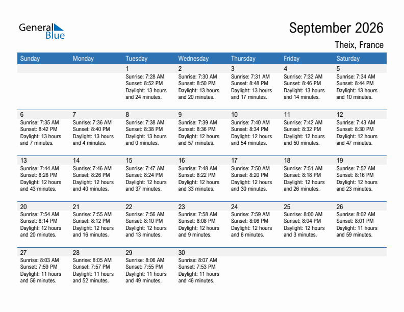 Theix September 2026 sunrise and sunset calendar in PDF, Excel, and Word