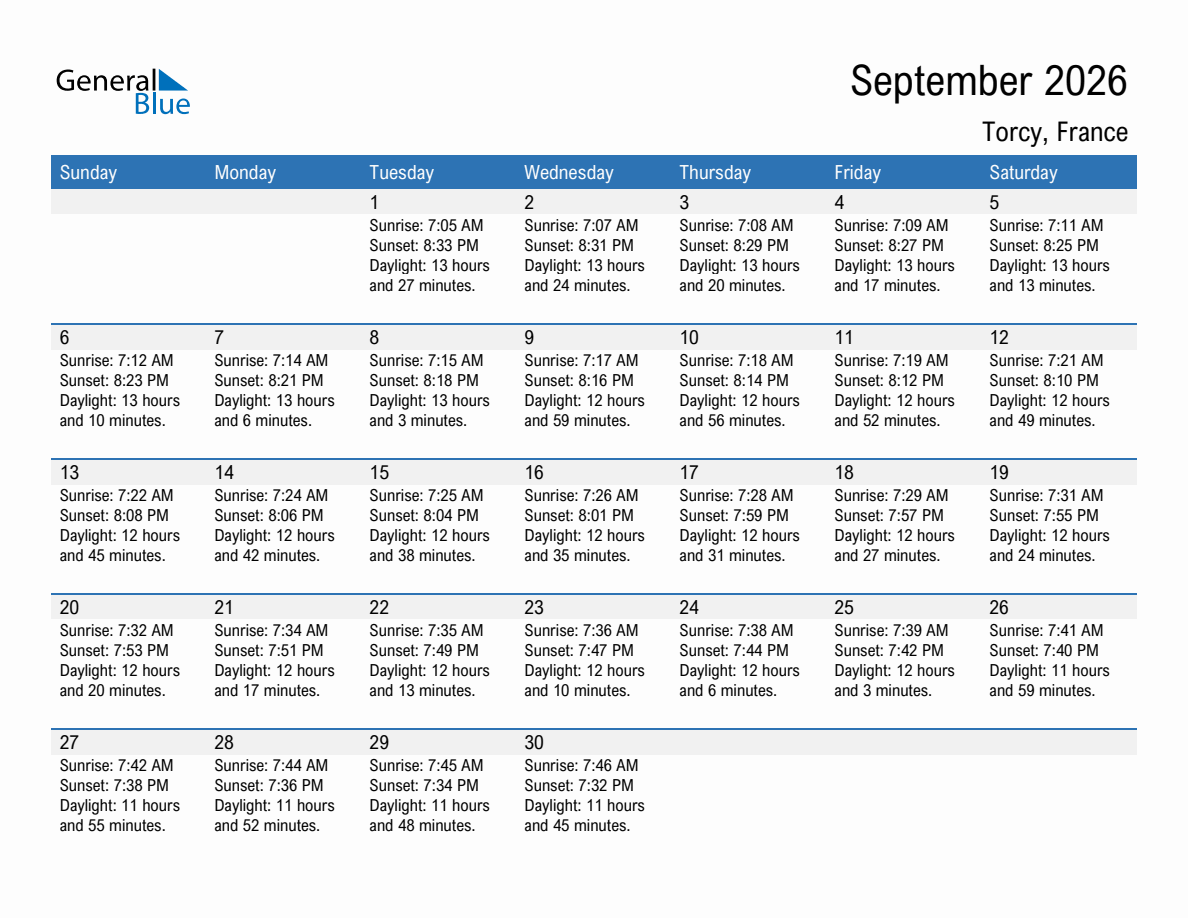September 2026 sunrise and sunset calendar for Torcy