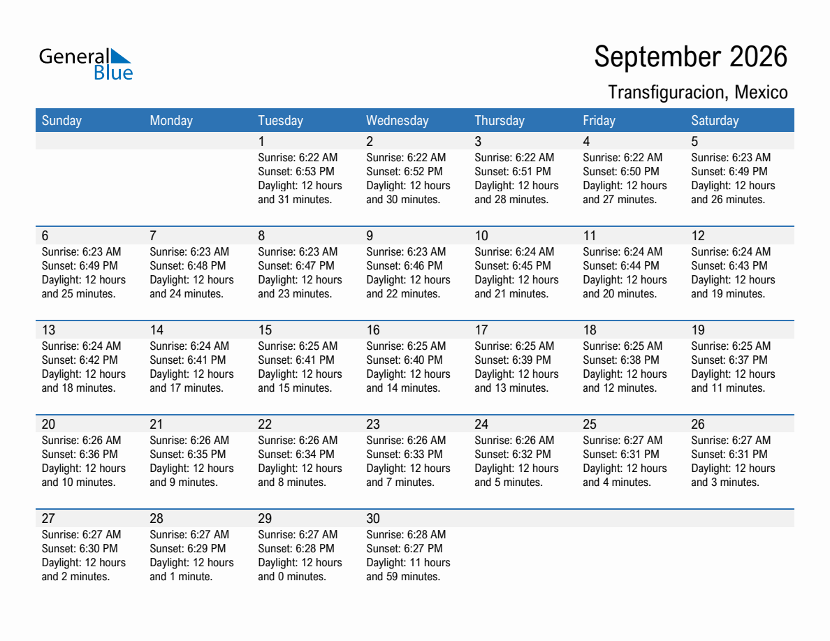 September 2026 sunrise and sunset calendar for Transfiguracion