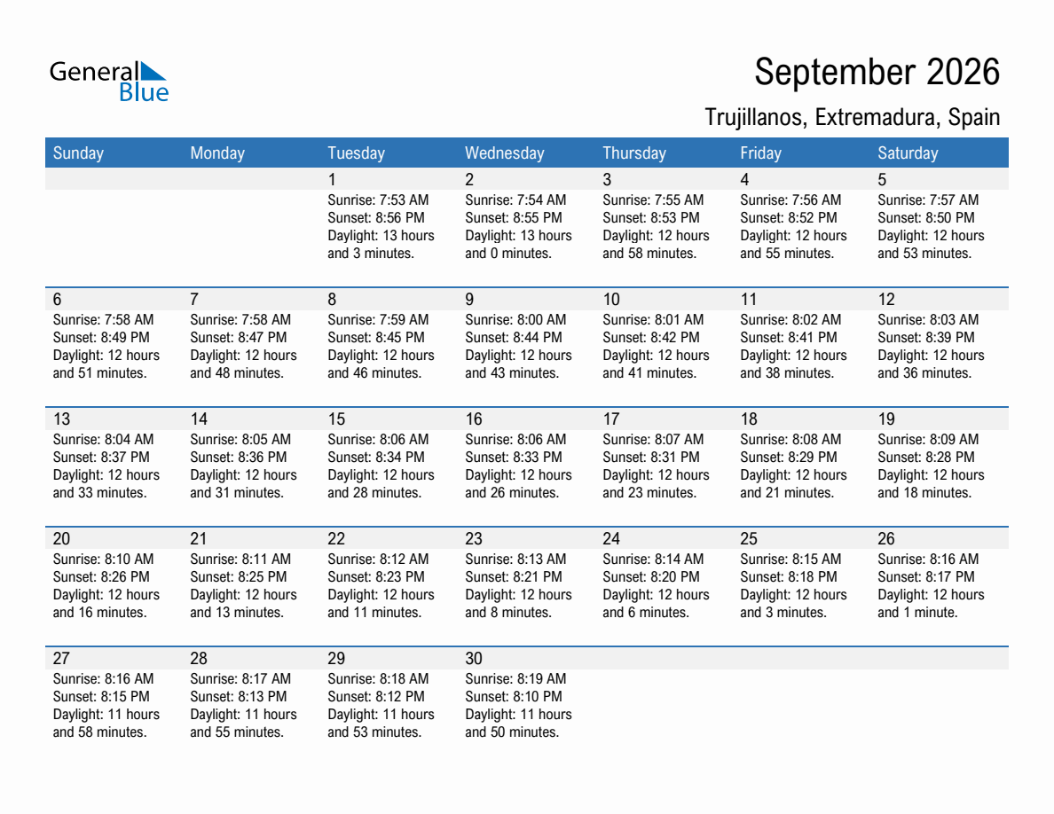 September 2026 sunrise and sunset calendar for Trujillanos