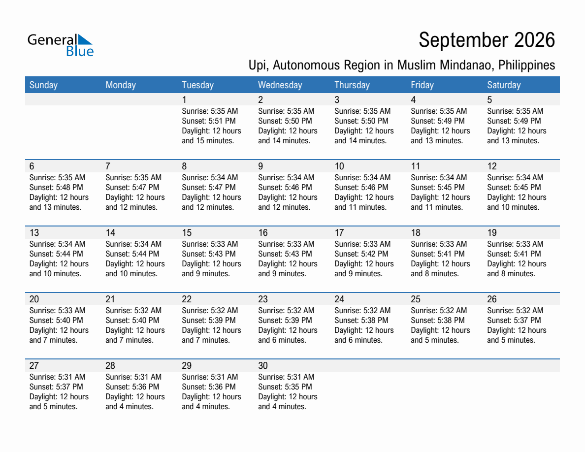 September 2026 sunrise and sunset calendar for Upi