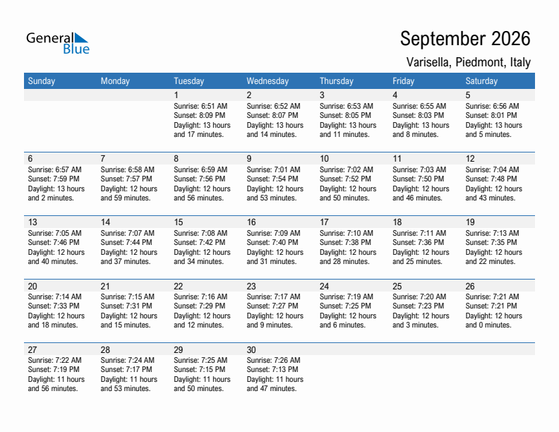 Varisella September 2026 sunrise and sunset calendar in PDF, Excel, and Word