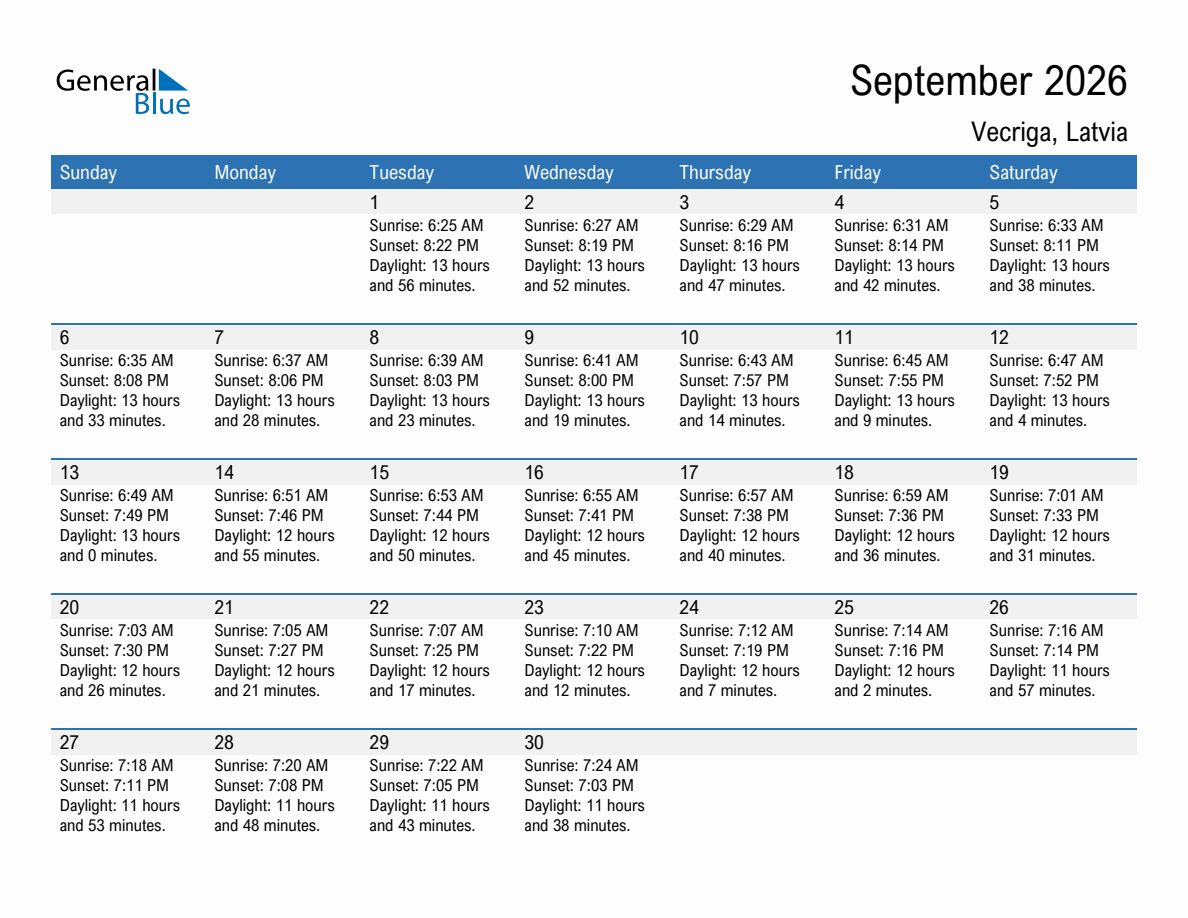 September 2026 sunrise and sunset calendar for Vecriga
