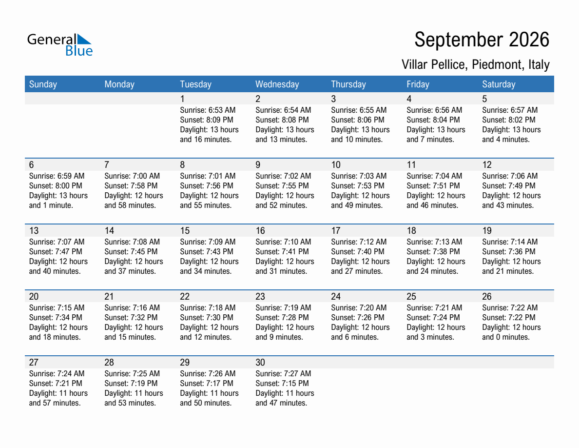 September 2026 sunrise and sunset calendar for Villar Pellice