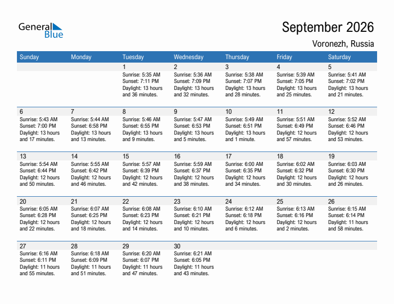 Voronezh September 2026 sunrise and sunset calendar in PDF, Excel, and Word