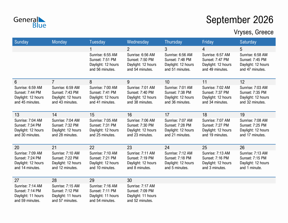 September 2026 sunrise and sunset calendar for Vryses