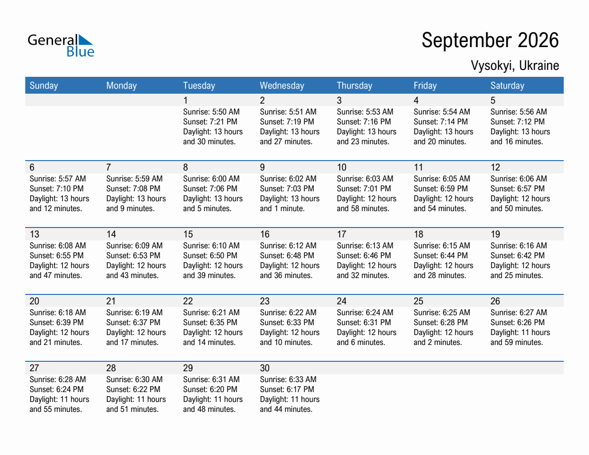 September 2026 sunrise and sunset calendar for Vysokyi