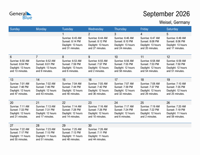 Weisel September 2026 sunrise and sunset calendar in PDF, Excel, and Word